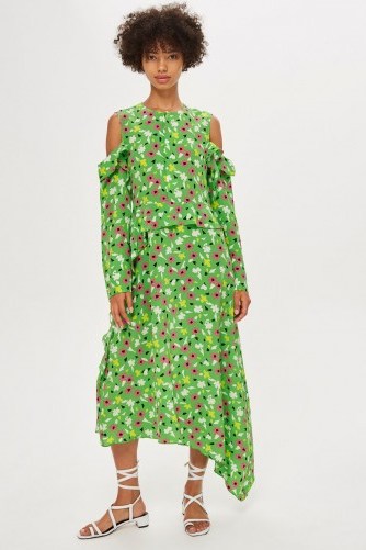 TOPSHOP Waterfall Dress by Boutique / green floral cold shoulder dresses - flipped