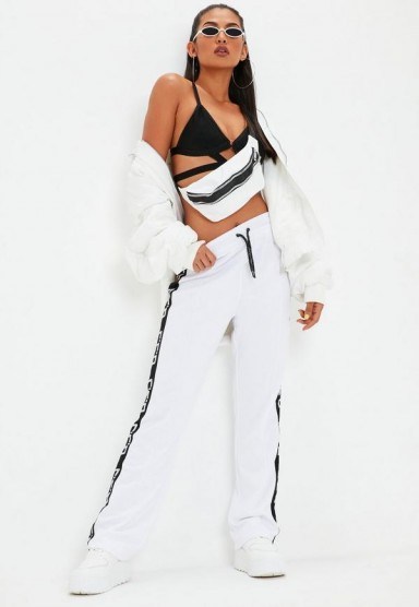 MISSGUIDED white ceo side slogan wide leg joggers – sports fashion - flipped
