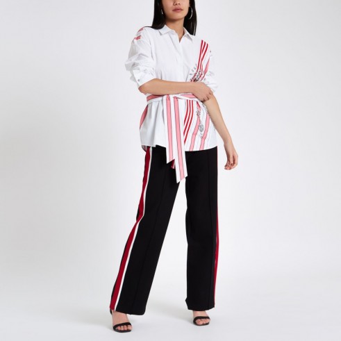 RIVER ISLAND White stripe jewel embellished belted shirt – pink stripes