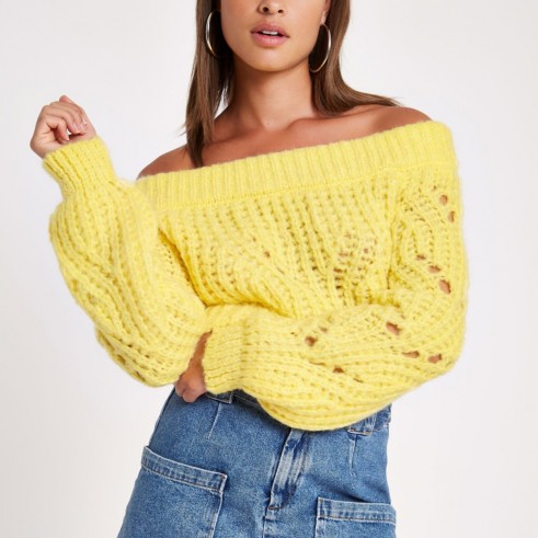 River Island Yellow knit bardot jumper | off shoulder sweater | chunky knits