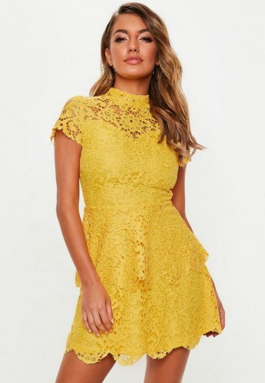 MISSGUIDED yellow short sleeve lace double layer dress - flipped