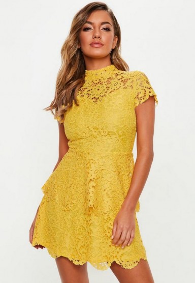 MISSGUIDED yellow short sleeve lace double layer dress