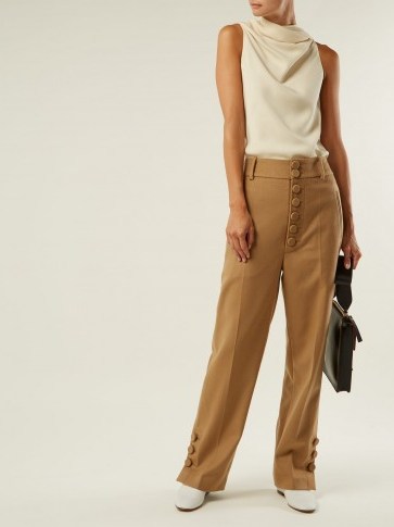 JOSEPH Young buttoned wool and cashmere-blend trousers in camel | stylish pants - flipped