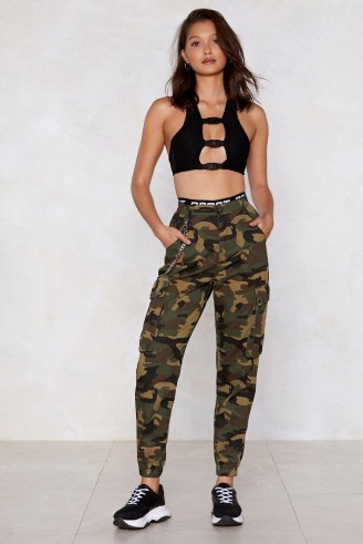 Nasty Gal Action Woman Camo Pants in Khaki | cuffed camouflage trousers