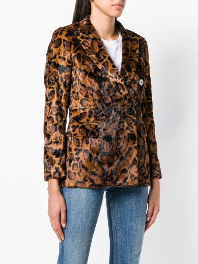 ALBERTO BIANI leopard faux fur jacket / double breasted animal print blazer / brown autumn tones