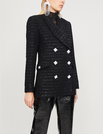 ALESSANDRA RICH Crystal-embellished metallic-tweed jacket in black. GLAMOROUS LUXE BLAZER