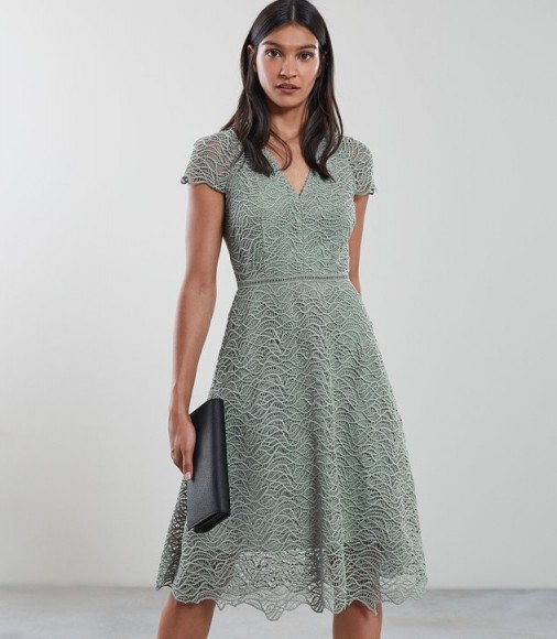 REISS ARIELLE LACE FIT AND FLARE DRESS PALE GREEN ~ feminine skater