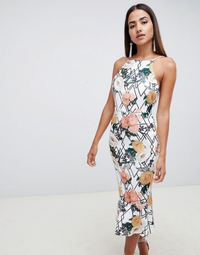 ASOS DESIGN floral midi bodycon dress with pep hem | fitted party frock