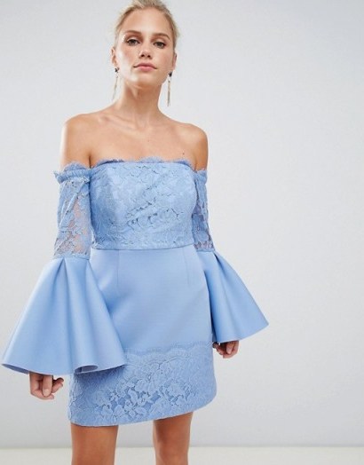ASOS DESIGN lace mix mini a line dress in blue – going out – evening bardot fashion - flipped