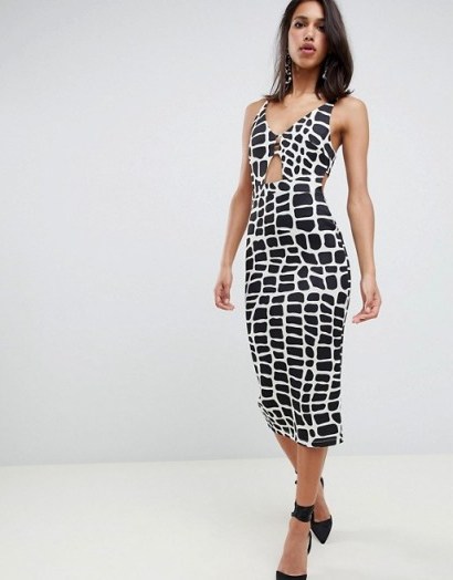 ASOS DESIGN mono print plunge bodycon midi dress | front cut out - flipped