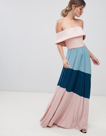 ASOS DESIGN Scuba Bardot Colourblock Pleated Maxi Dress – long off the shoulder fashion – evening look - flipped