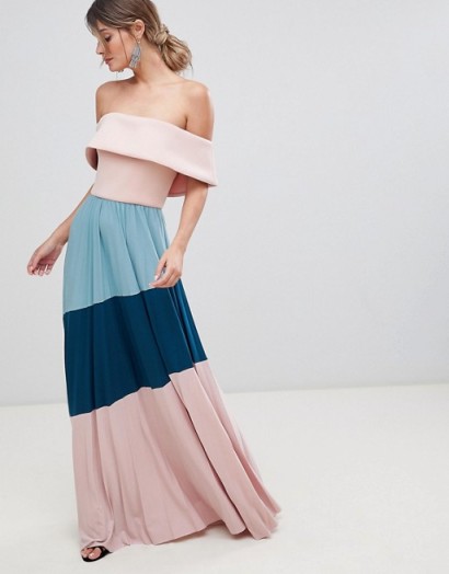 ASOS DESIGN Scuba Bardot Colourblock Pleated Maxi Dress – long off the shoulder fashion – evening look