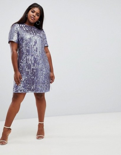 ASOS DESIGN Curve mini shift dress in heavily embellished fringed sequin purple – shimmering party dresses - flipped
