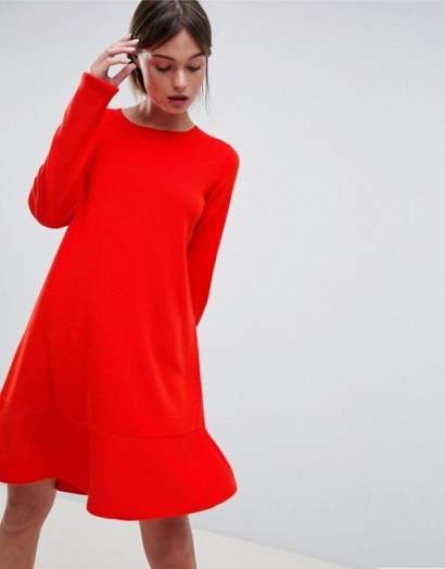 ASOS DESIGN Dress In Fine Knit With Ruffle Hem in Red | knitted dresses - flipped