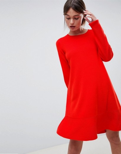 ASOS DESIGN Dress In Fine Knit With Ruffle Hem in Red | knitted dresses