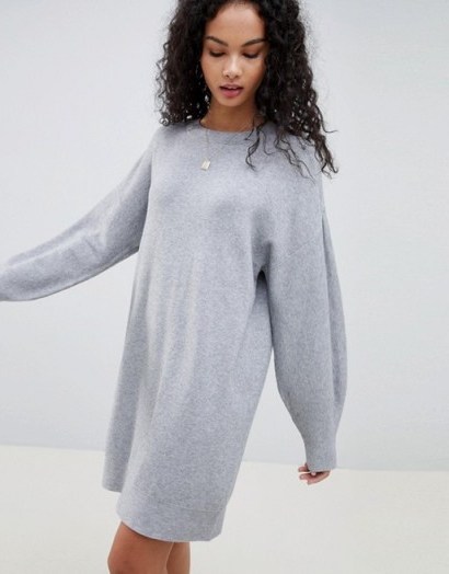 ASOS DESIGN Knitted Dress With Balloon Sleeve in Pale Grey Marl | sweater dresses - flipped