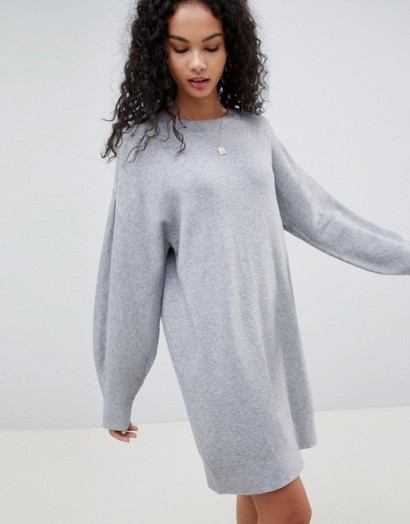 ASOS DESIGN Knitted Dress With Balloon Sleeve in Pale Grey Marl | sweater dresses