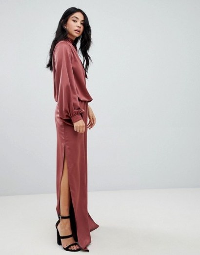 ASOS DESIGN one shoulder satin jumpsuit with blouson sleeve | one sleeve jumpsuits ~ slinky party fashion - flipped