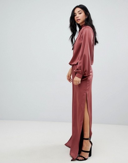 ASOS DESIGN one shoulder satin jumpsuit with blouson sleeve | one sleeve jumpsuits ~ slinky party fashion