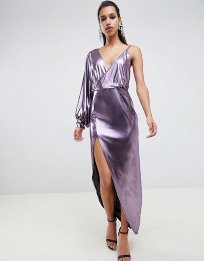 ASOS DESIGN 70s metallic sleeve detail midi dress in purple | disco diva - flipped