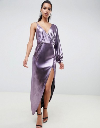 ASOS DESIGN 70s metallic sleeve detail midi dress in purple | disco diva