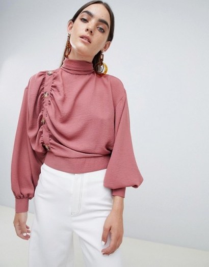 ASOS DESIGN top with ruched side and button detail dark rose – high neck and blouson sleeves - flipped