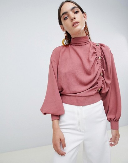 ASOS DESIGN top with ruched side and button detail dark rose – high neck and blouson sleeves