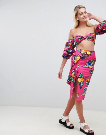 ASOS Made In Kenya Midi Skirt With Tie Detail In Tropical Print Pink – bright tie waist skirts - flipped