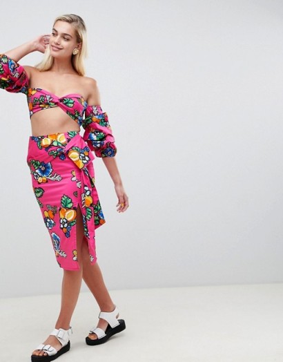 ASOS Made In Kenya Midi Skirt With Tie Detail In Tropical Print Pink – bright tie waist skirts