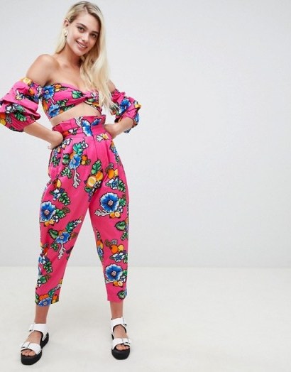 ASOS Made In Kenya Paper Bag Floral Trouser In Pink Floral – happy tapered pants! - flipped