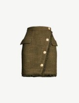 BALMAIN Fringe-trimmed tweed mini skirt in khaki