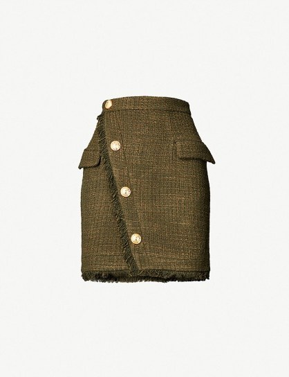 BALMAIN Fringe-trimmed tweed mini skirt in khaki - flipped