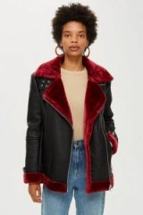 Topshop Belted Biker Jacket in Burgundy | red faux fur trimmed coat | autumn 2018