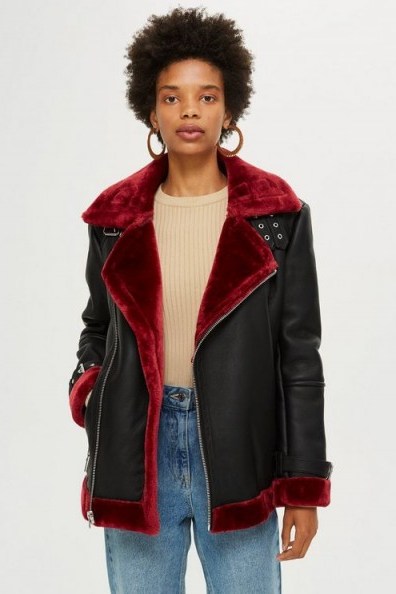 Topshop Belted Biker Jacket in Burgundy | red faux fur trimmed coat | autumn 2018 - flipped