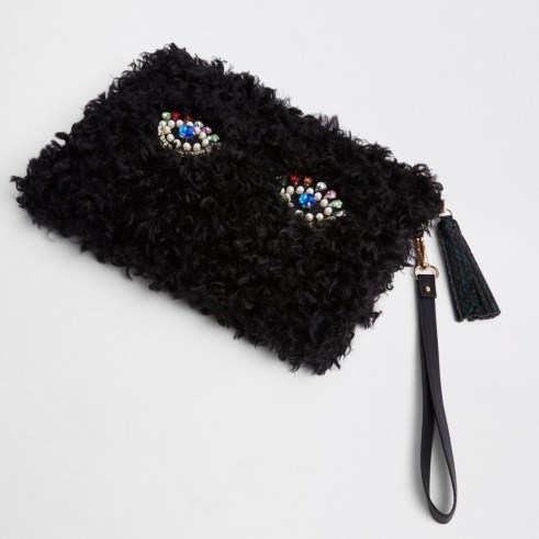 River Island Black borg embellished eye clutch bag – fluffy jewelled evening bag - flipped