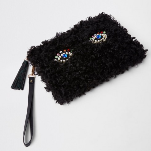 River Island Black borg embellished eye clutch bag – fluffy jewelled evening bag
