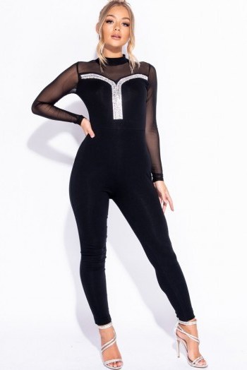 PARISIAN BLACK DIAMANTE TRIM MESH SLEEVE HIGH NECK CATSUIT | sheer sleeved fitted jumpsuit - flipped