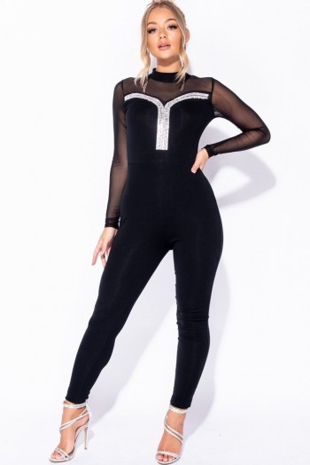 PARISIAN BLACK DIAMANTE TRIM MESH SLEEVE HIGH NECK CATSUIT | sheer sleeved fitted jumpsuit