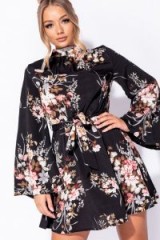 PARISIAN BLACK HIGH NECK FLORAL PRINT MINI DRESS | oriental inspired