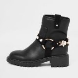 River Island Black jewel embellished biker boots – chunky heeled jewelled strap boot