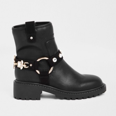River Island Black jewel embellished biker boots – chunky heeled jewelled strap boot - flipped