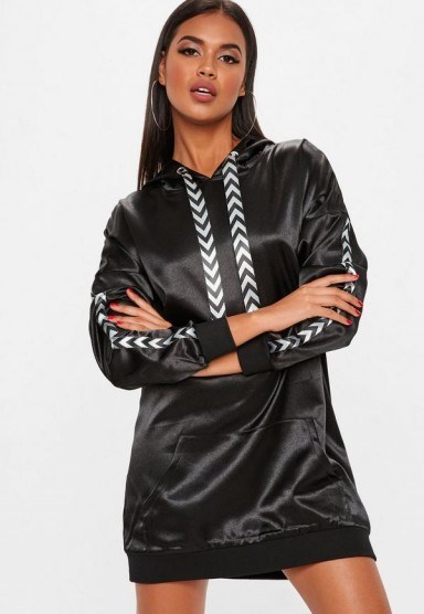 Missguided black mono sports tape oversized hooded dress – sporty fashion - flipped