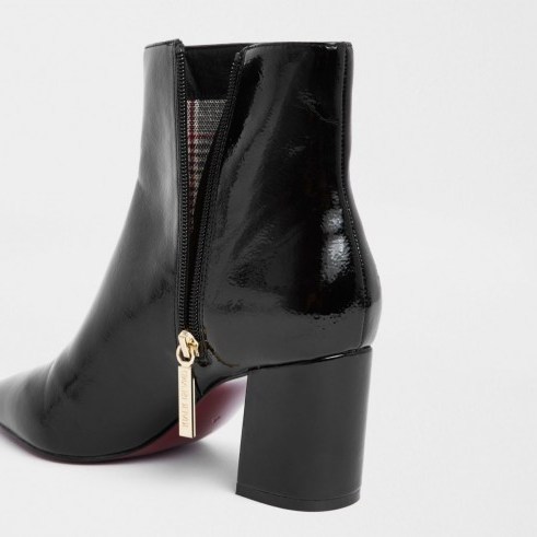 River Island Black patent pointed block heel boots – shiny side zip-up chunky heeled boot - flipped