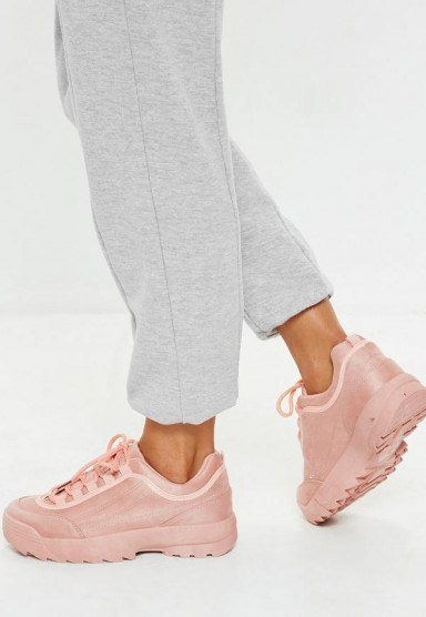 Missguided blush faux suede chunky sole lace up trainers – pink sneakers - flipped