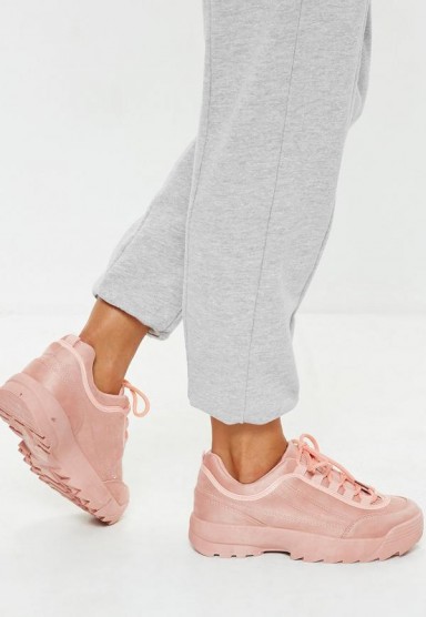 Missguided blush faux suede chunky sole lace up trainers – pink sneakers