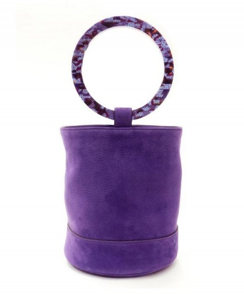 SIMON MILLER Bonsai 20 Purple Suede Bucket Bag with Tonal Acrylic Hoop Handles - flipped