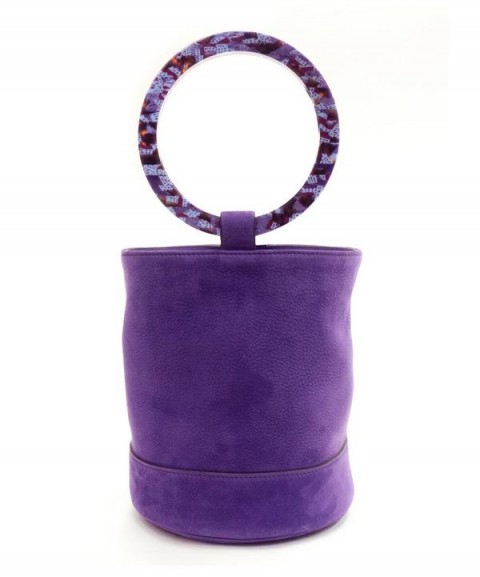 SIMON MILLER Bonsai 20 Purple Suede Bucket Bag with Tonal Acrylic Hoop Handles