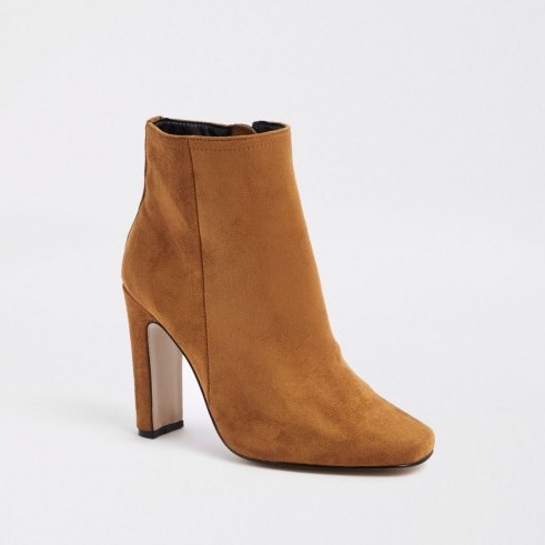River Island Brown square toe ankle boots – faux suede slim heeled boot - flipped