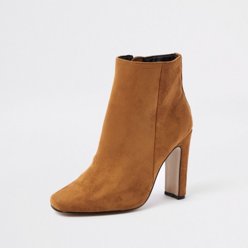River Island Brown square toe ankle boots – faux suede slim heeled boot