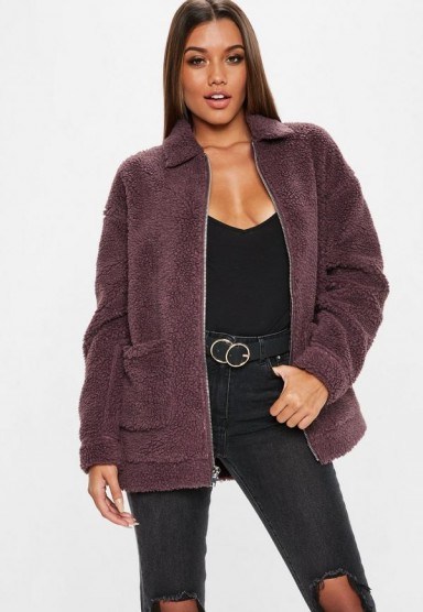 MISSGUIDED burgundy oversized borg zip through jacket – casual autumn style - flipped
